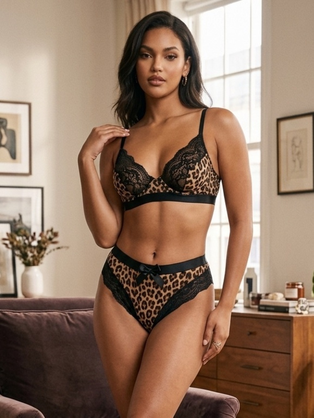 SHEIN Leopard Print Lace Underwire Bra & High Rise Panty Lingerie Set XL
